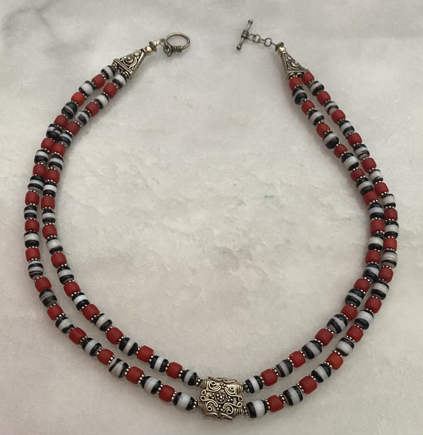 17 inch double strand Sudanese & Kenyan vintage trade beads & Balinese silver
