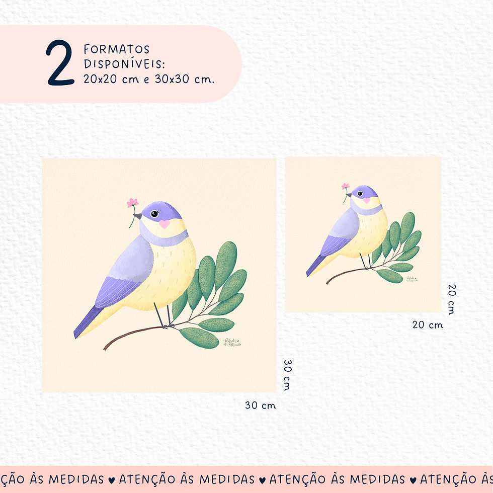 Miniatura: Print decorativo de pássaro lilás segurando uma flor, ilustração digital autoral impressa em papel artístico.