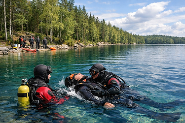 Sukeltaja harjoittelemassa pelastus- ja hätätilannetaitoja PADI Rescue Diver -kurssilla – rescue diver course