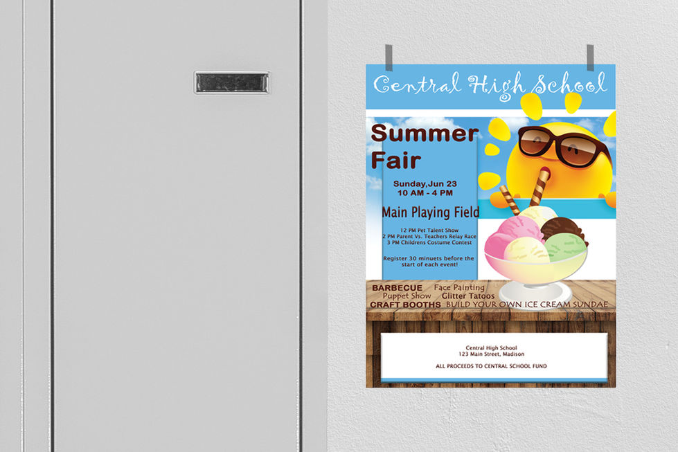 Colorful flyer for a fictional Central High School Summer Fair, featuring a cartoon sun with sunglasses, an ice cream bowl, and event details including date, time, location, and activities such as games, music, prizes, and crafts.