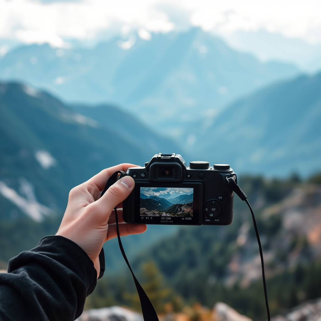 Hand holding camera with mountain scene on screen