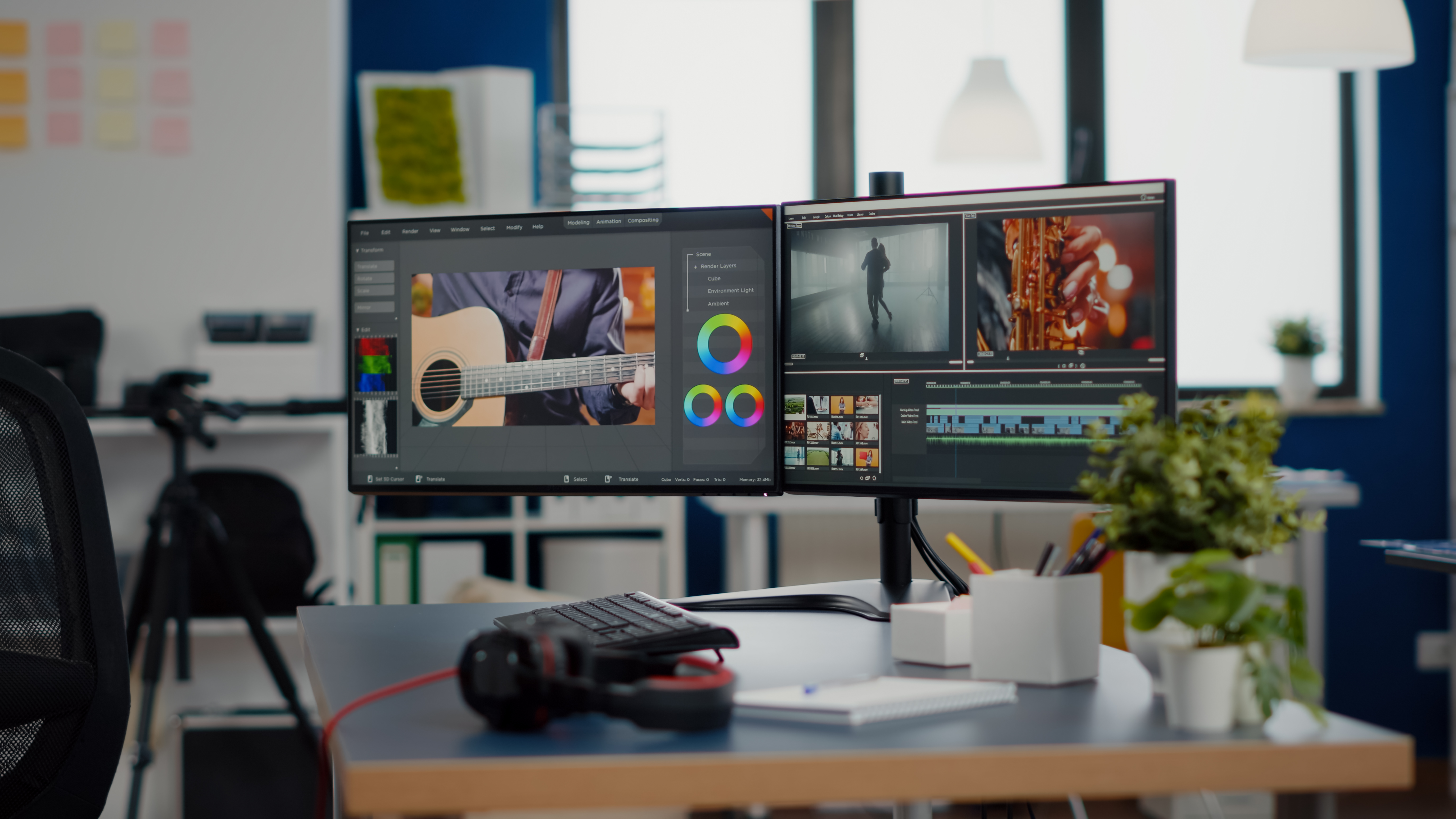 Dual monitors displaying video editing software
