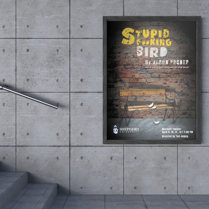 Poster: Stupid F***ing Bird by Aaron Posner, on a concrete wall.