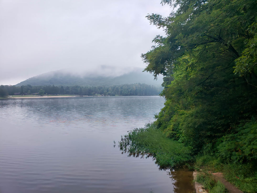 Misty lake scene at Rocky Gap Lake with calm water in the foreground, dense green trees on the right, fog-covered hills in the background, and an overcast sky—evoking early morning stillness and Appalachian serenity.