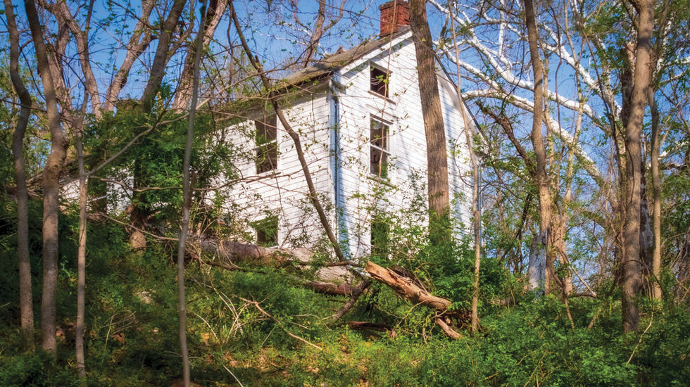 Abandoned white two-story house near the C&O Canal, partially obscured by trees and overgrown vegetation; broken windows and a fallen tree limb suggest decay and nature reclaiming the structure.