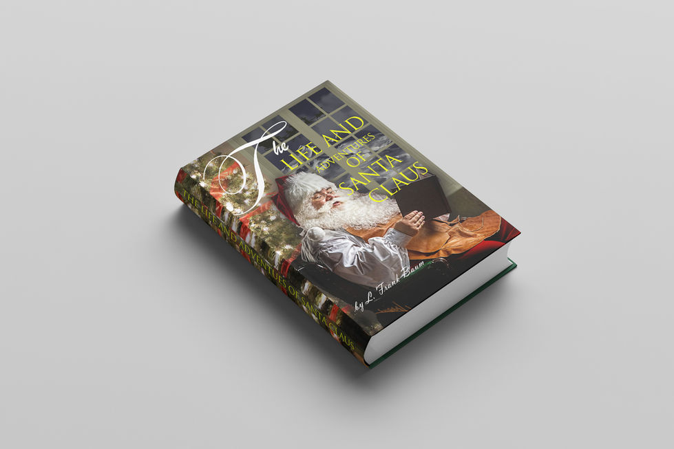 Hardcover book titled The Life and Adventures of Santa Claus featuring an illustration of Santa holding a toy beside a Christmas tree, designed and printed as a custom holiday gift.