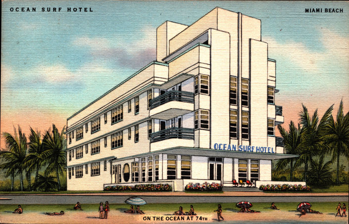 A vintage postcard depicting a modernist beachside hotel