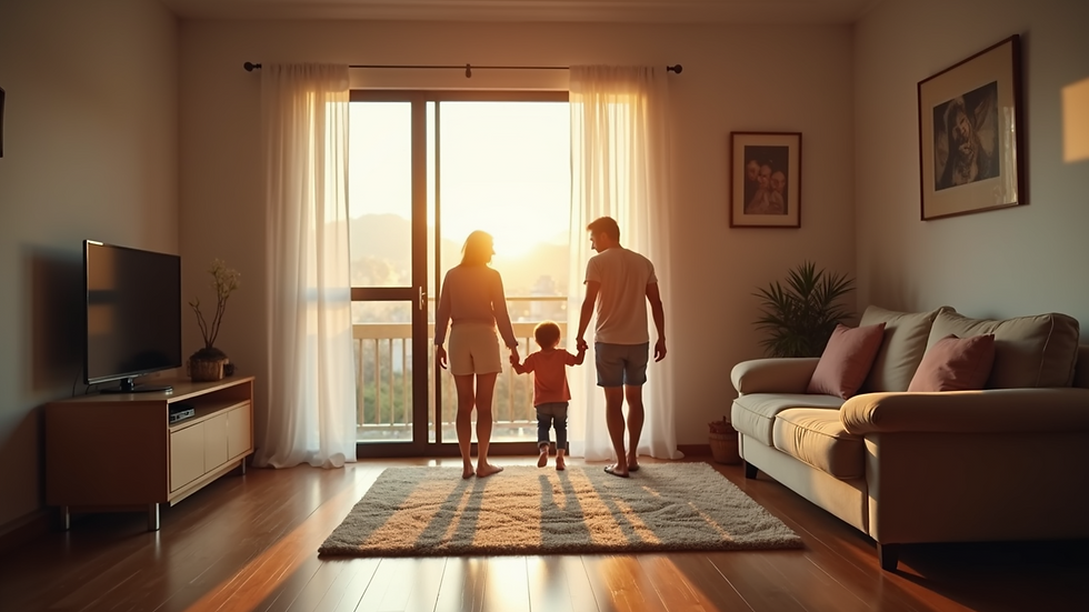 Vista panorámica de una familia feliz en su hogar, simbolizando seguridad y protección