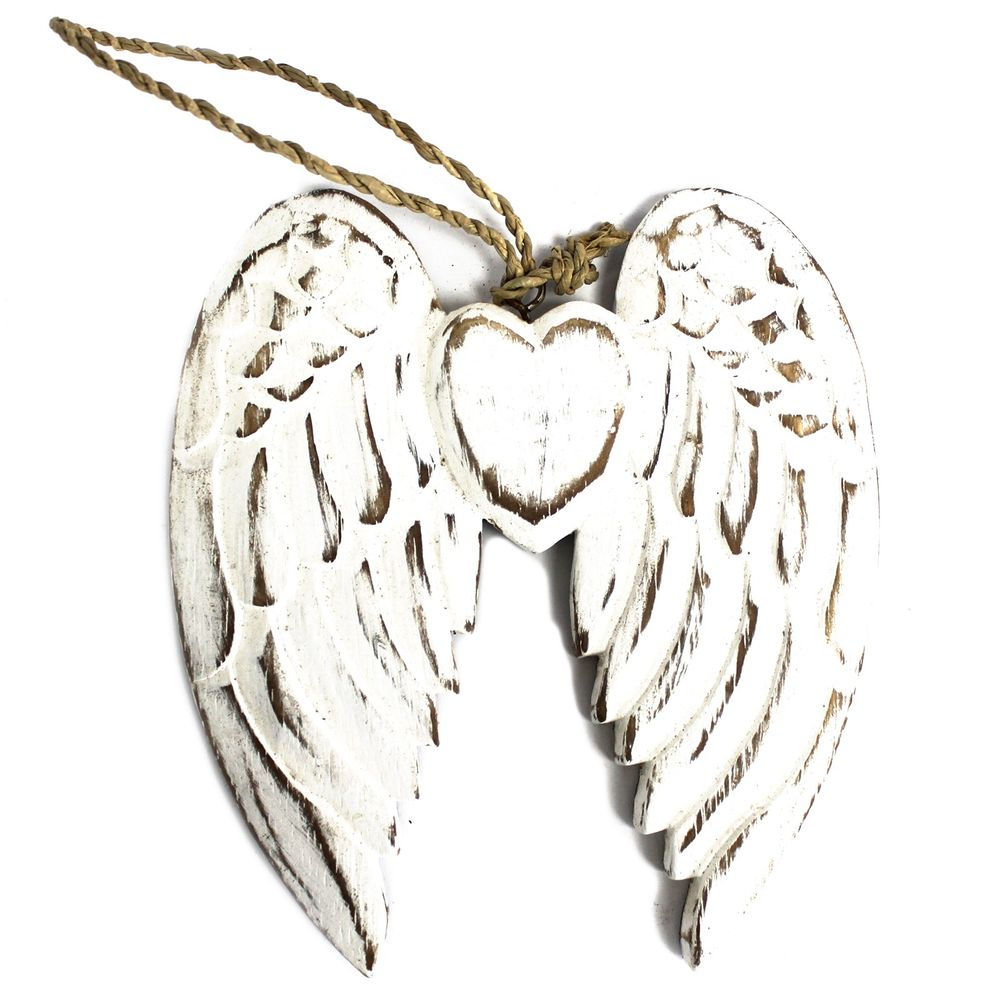 Ailes d’ange et cœur en bois sculpté à la main – 15 cm