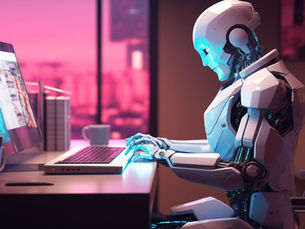 A sleek, white humanoid robot sitting at a modern desk, typing on a laptop keyboard in a workspace with soft pink and purple ambient lighting.