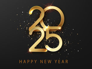 A sophisticated "Happy New Year 2025" graphic with elegant gold lettering inside a thin gold circle, surrounded by shimmering gold dust against a dark charcoal background.