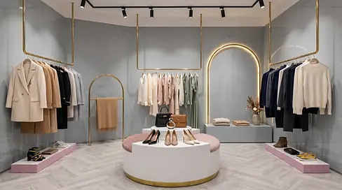 uxury women's fashion boutique retail shopfitting featuring curved white display plinth with blush velvet seating, brass ceiling-mounted U-shape hanging rails, backlit brass arch display frame, grey lacquer wall panels, and pink platform display plinths — bespoke retail joinery and shopfitting by Premier Form Pty Ltd, Melbourne Victoria Australia