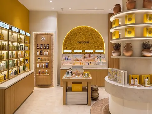 Bespoke commercial retail fitout for L'Occitane featuring a circular multi-tiered stone and plaster product display unit with integrated LED shelf lighting and decorative terracotta urns, arched dried yellow floral moss feature wall with illuminated 'Face Care' signage and branded product consultation counter, warm oak fluted vertical timber shelving unit with LED strip lighting and categorised skincare product display, travertine large-format floor tiles with circular mosaic tile inlay detail, and warm recessed ceiling downlighting throughout — luxury commercial retail joinery and interior fitout by Premier Form Pty Ltd, Melbourne Victoria Australia