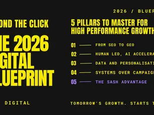 SASH Digital 2026 Blueprint graphic titled 'Beyond the Click,' detailing five pillars for high-performance growth: From SEO to GEO, Human Led AI Accelerated, Data and Personalisation 2.0, Systems Over Campaigns, and The SASH Advantage.