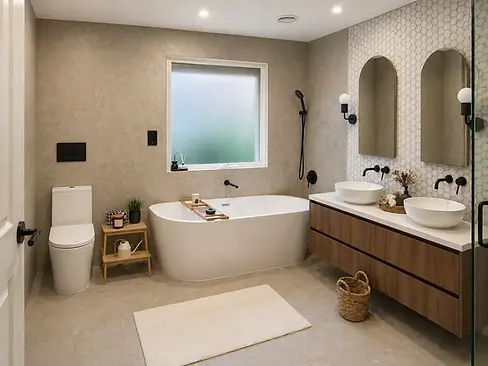 Wall-hung timber veneer floating double vanity with white stone benchtop, dual vessel basins, matte black wall-mounted tapware, white hexagon mosaic tile feature wall, and arched brass-framed mirrors — luxury bathroom joinery and renovation by Premier Form Pty Ltd, Melbourne Victoria Australia