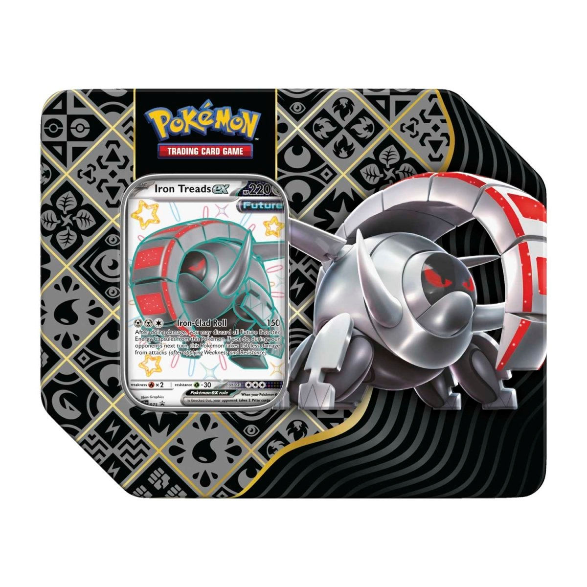 Paldean Fates Large Tin (Iron Treads) - Scarlet & Violet - Pokémon TCG seen from the front toploaded.co.uk