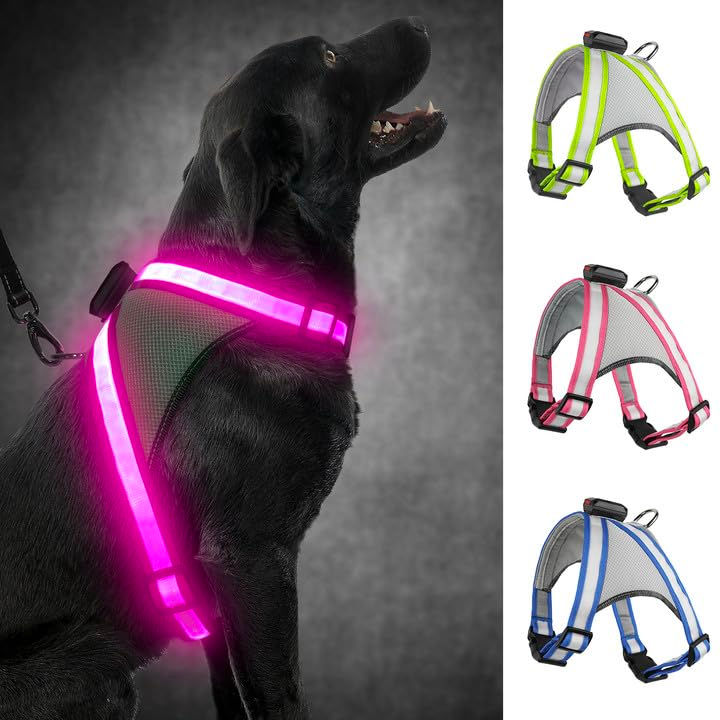 Visinite LED Dog Harness, USB Rechargeable, 2 Light Modes, Pink XL