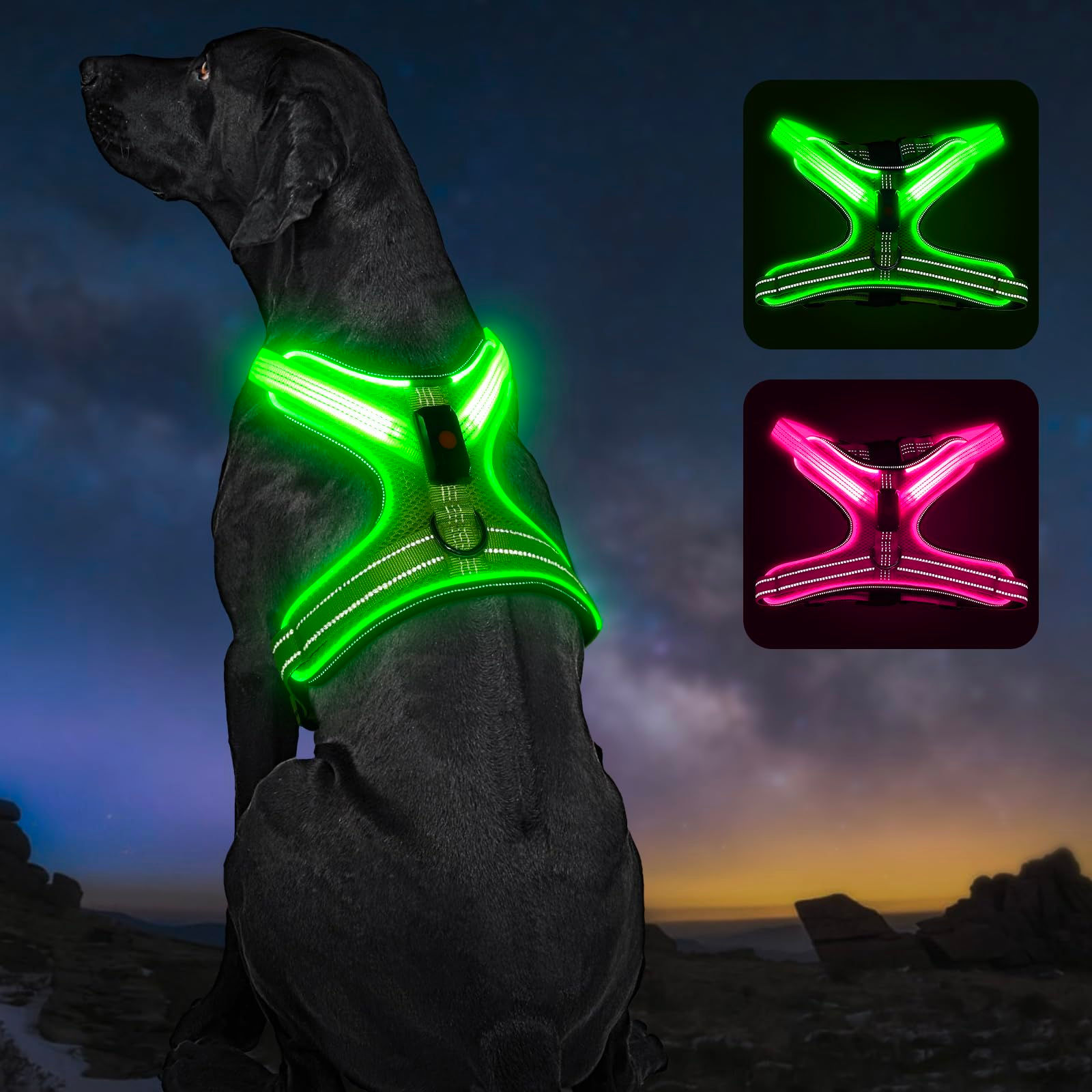 Light Up LED Dog Harness, Rechargeable Soft Mesh Vest, Green, Medium