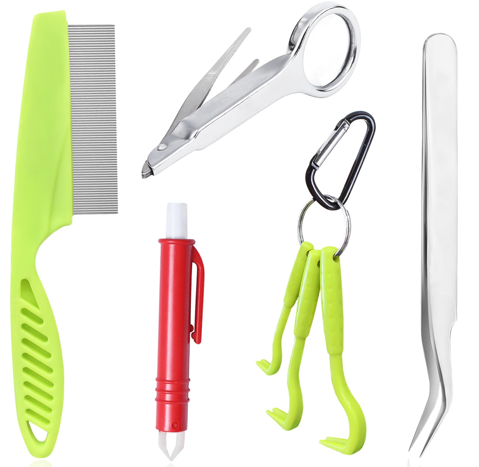 Tick Removal Tool Kit for Dogs & Cats: Tweezers, Tick Hook, Comb & Magnifier