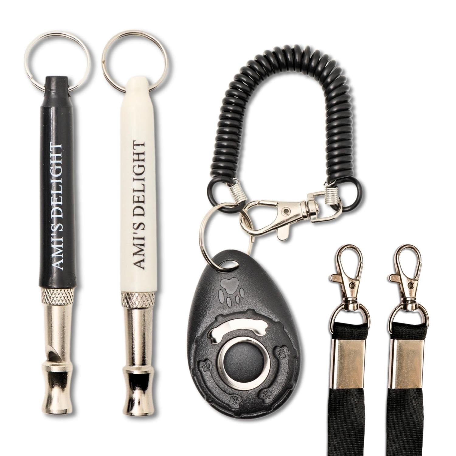 Dog Whistle Training Set: 2 Adjustable Whistles, 2 Lanyards & Clicker