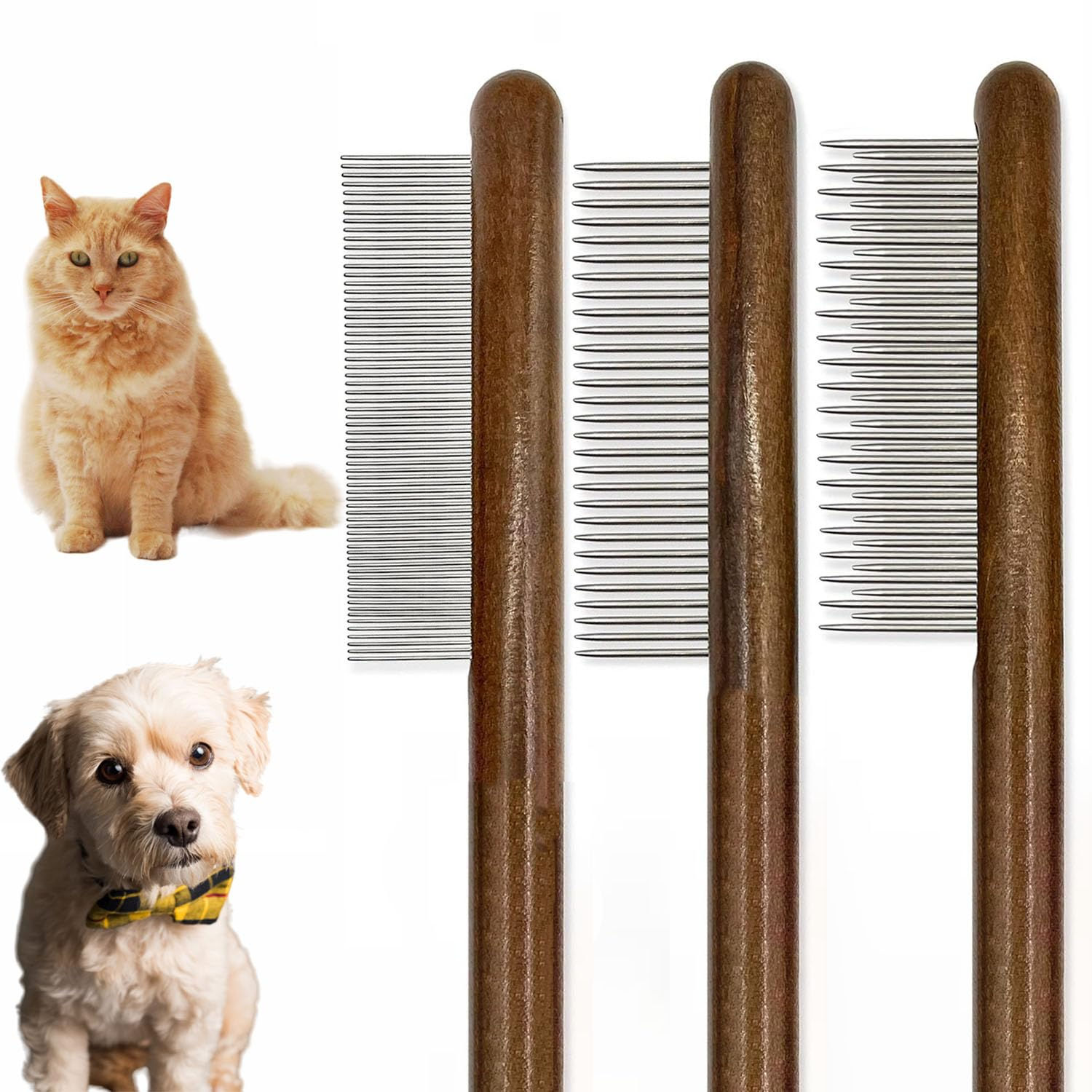 Solid Wood Flea & Lice Comb for Dogs and Cats, Rounded Steel Teeth, 3 Pack