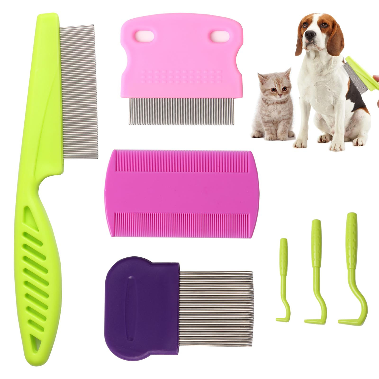 Metal Flea Comb Set for Dogs & Cats, 7 Pieces, Fine and Wide Tooth