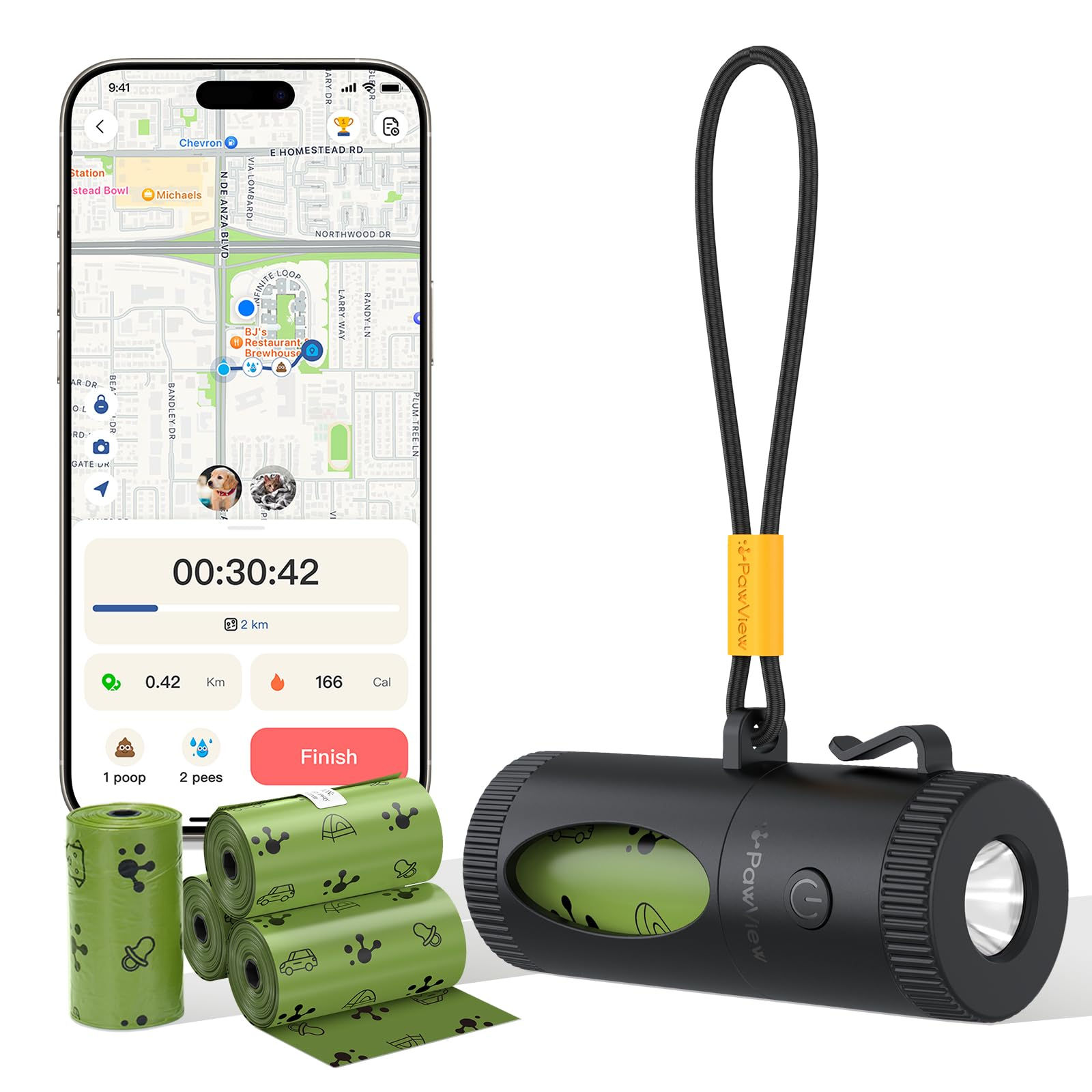 Smart Dog Poop Bag Dispenser with Flashlight, Walk Tracker & 60 Bags
