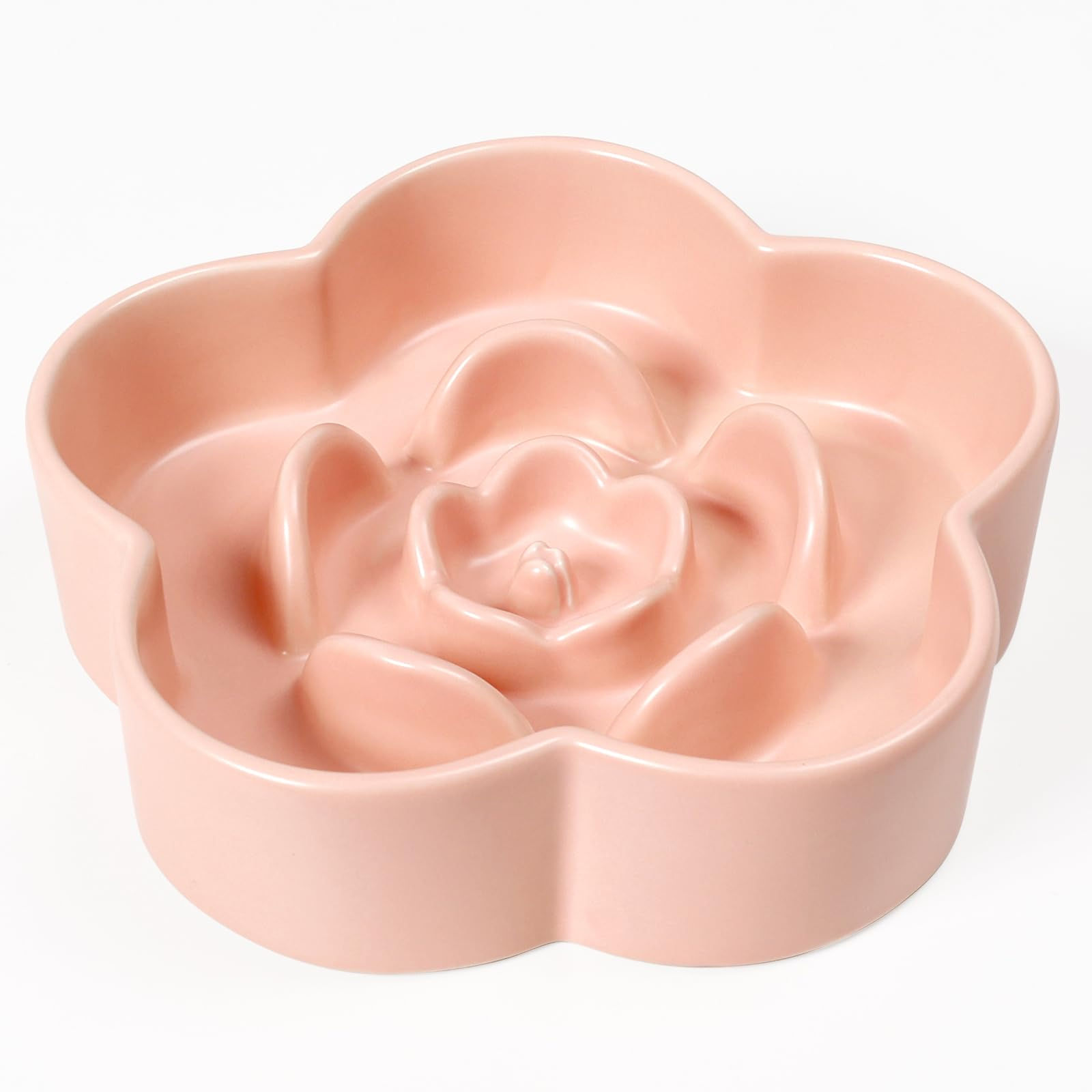 Ceramic Slow Feeder Dog Bowl, 8 in Plum Puzzle Design, Non-Slip, Pink