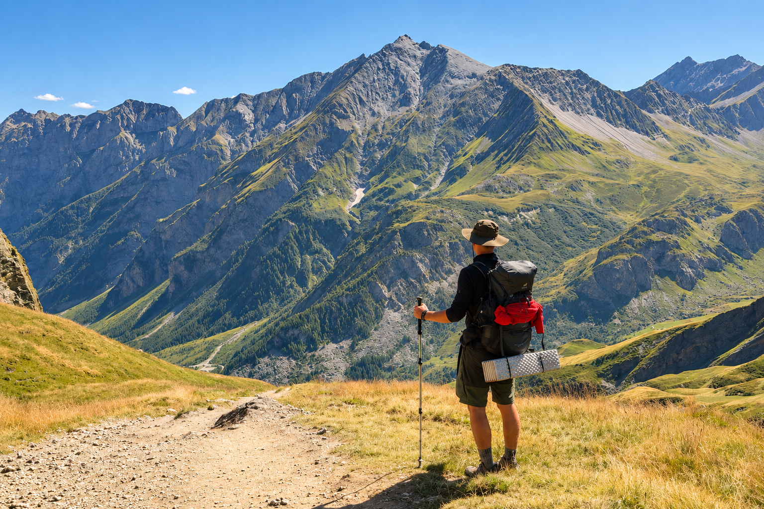 Backpacker looking across an alpine valley