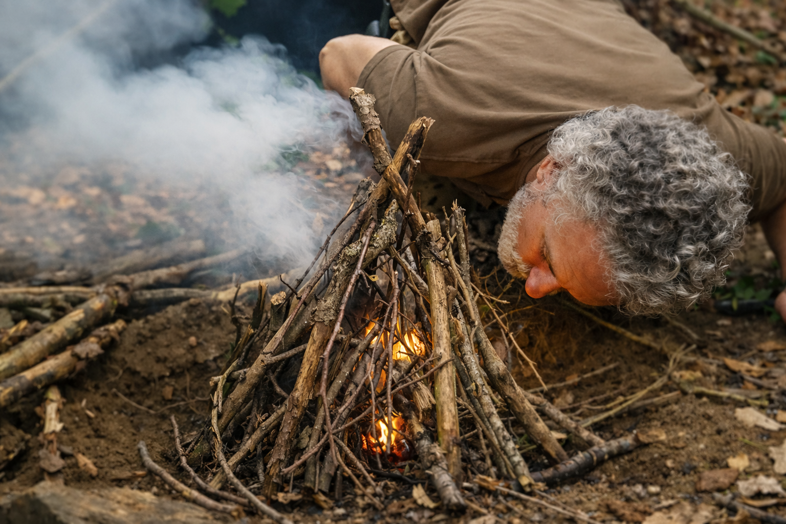 Participant tending a small outdoor fire during survival training