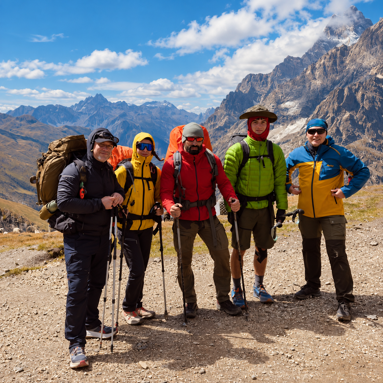 Five expedition participants with backpacks on an alpine trail