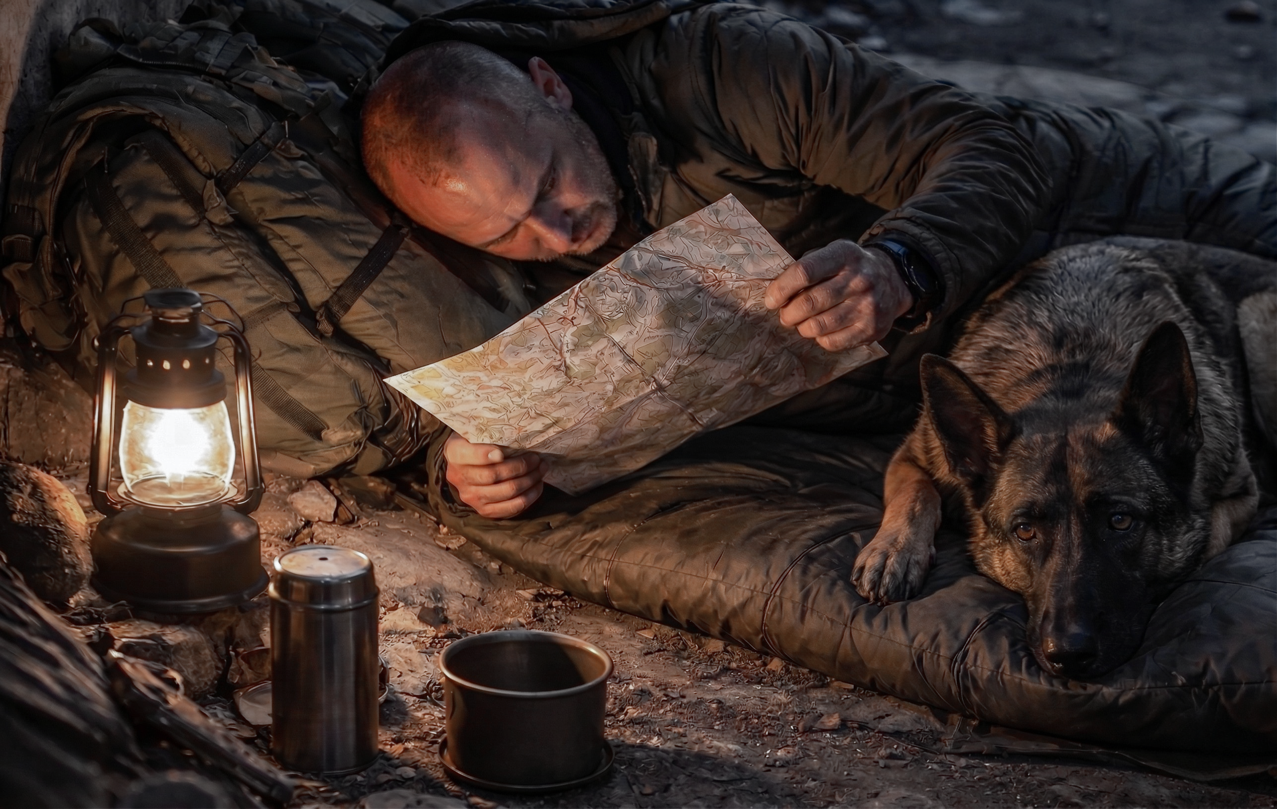 Participant reading a map by lantern light in an outdoor shelter