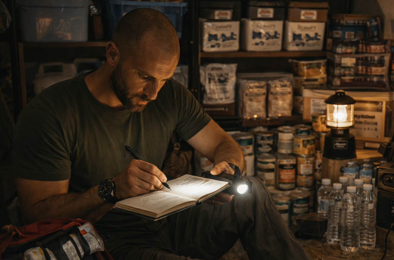 Instructor DELTA checking household supplies by lantern light