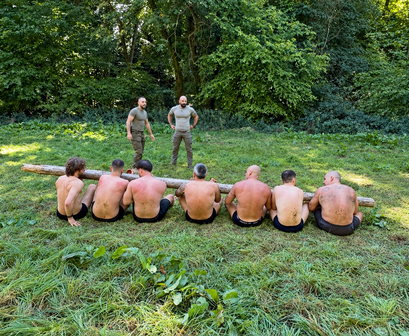 Participants coordinating a seated log exercise