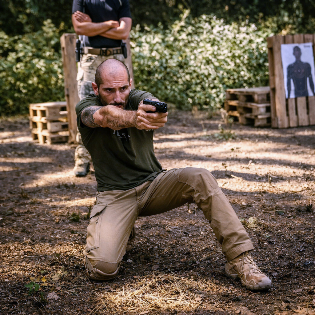 Participant practising a kneeling position during Defensive Pistol training