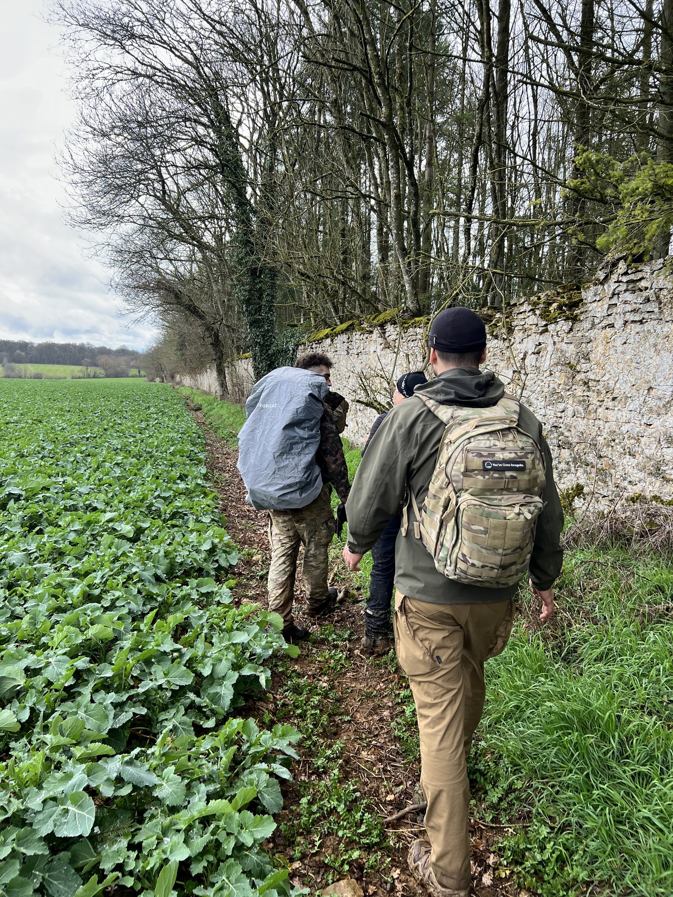 Participants moving along a field edge with backpacks