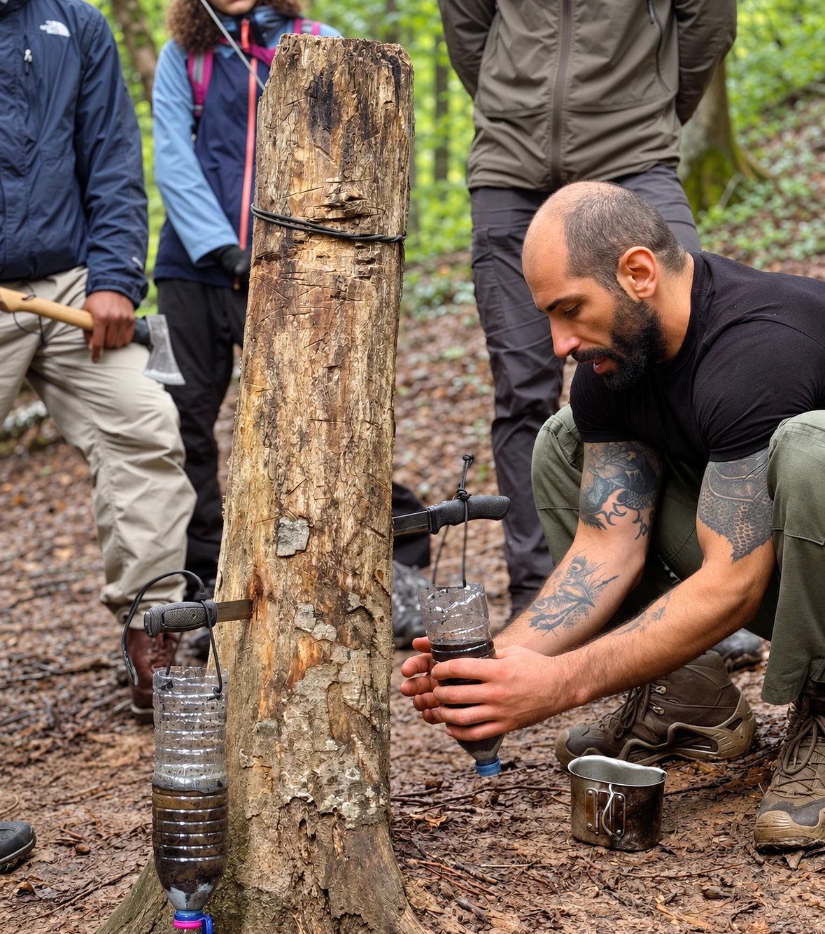 Instructor demonstrating a practical outdoor skill beside a tree stump