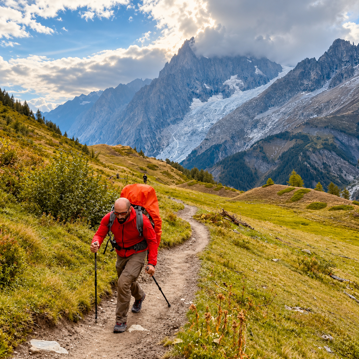 Backpacker in a red jacket walking uphill below alpine peaks