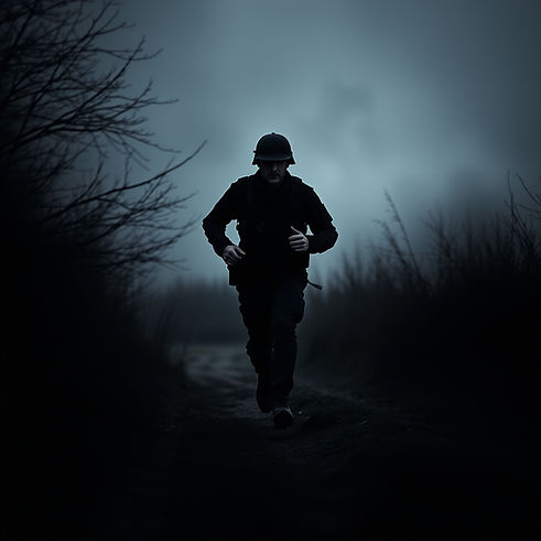 dark and ominous picture of the outdoors, a man running in black military uniform..jpg