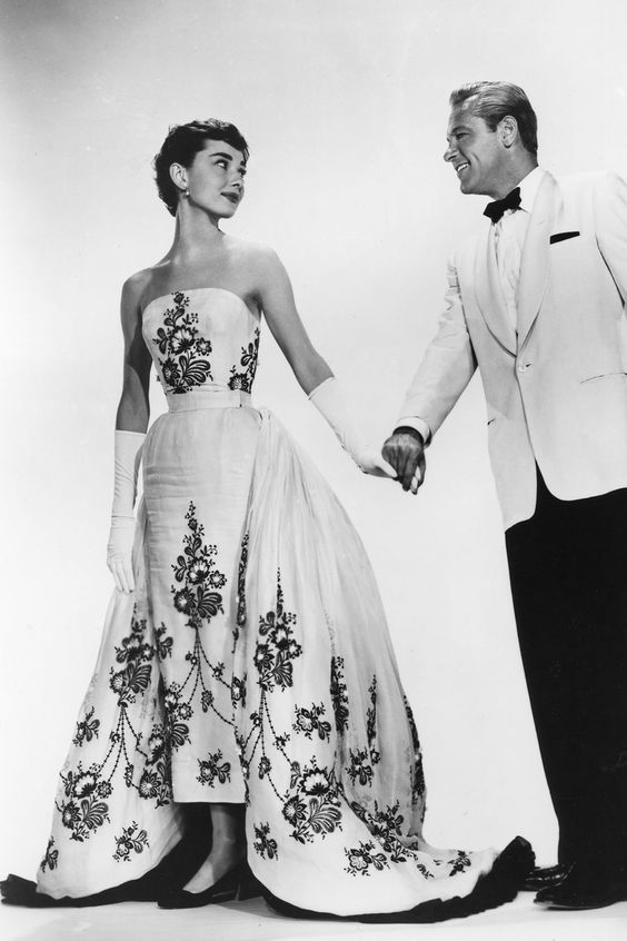Audrey Hepburn in her famous monochrome dress from 1954's 'Sabrina'. It is believed to have been designed by Hubert de Givenchy and/or Edith Head.