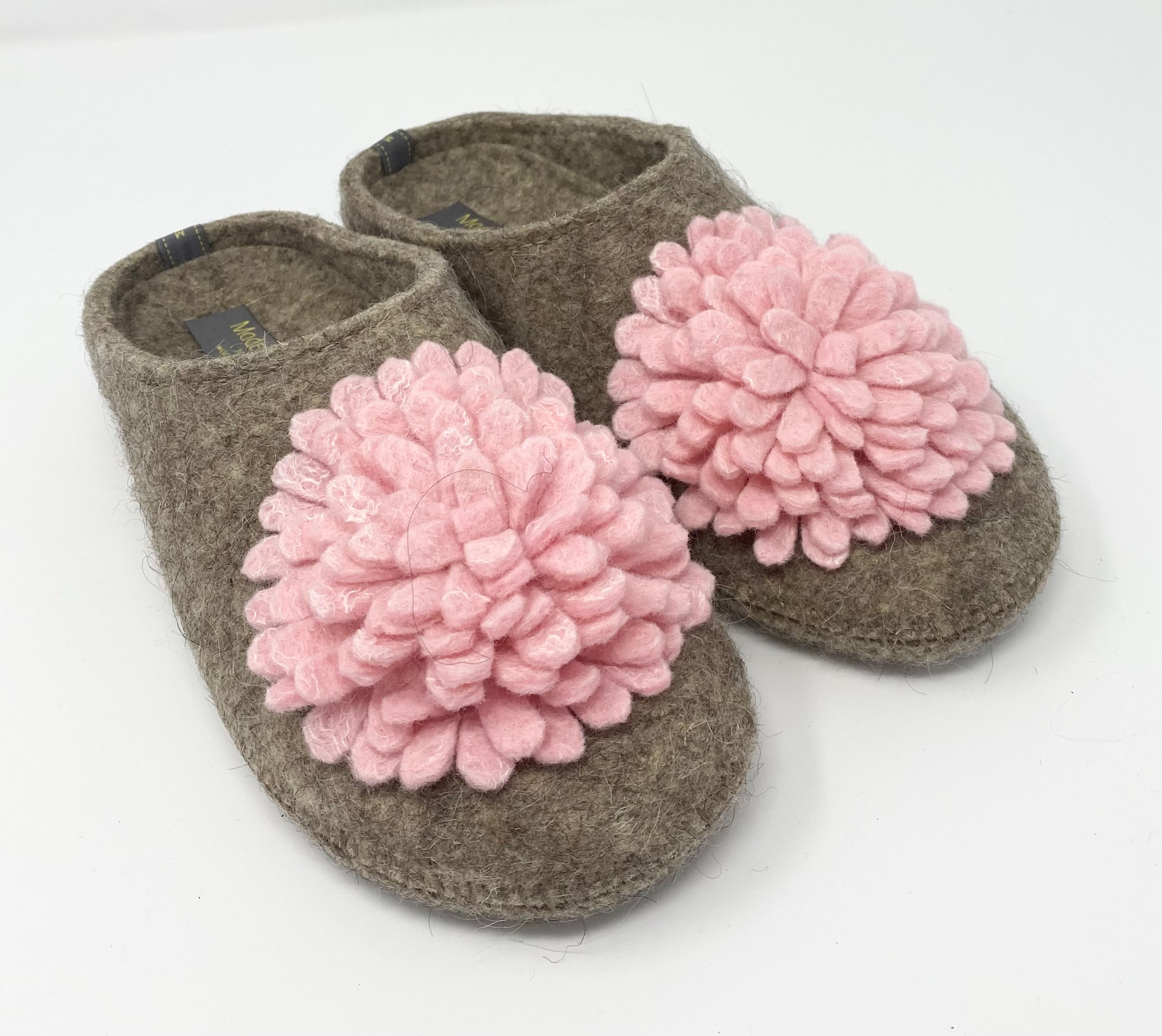 100% Wool Slippers with Handmade Pom -Pom Pink Flower -arch support - Dark Beige
