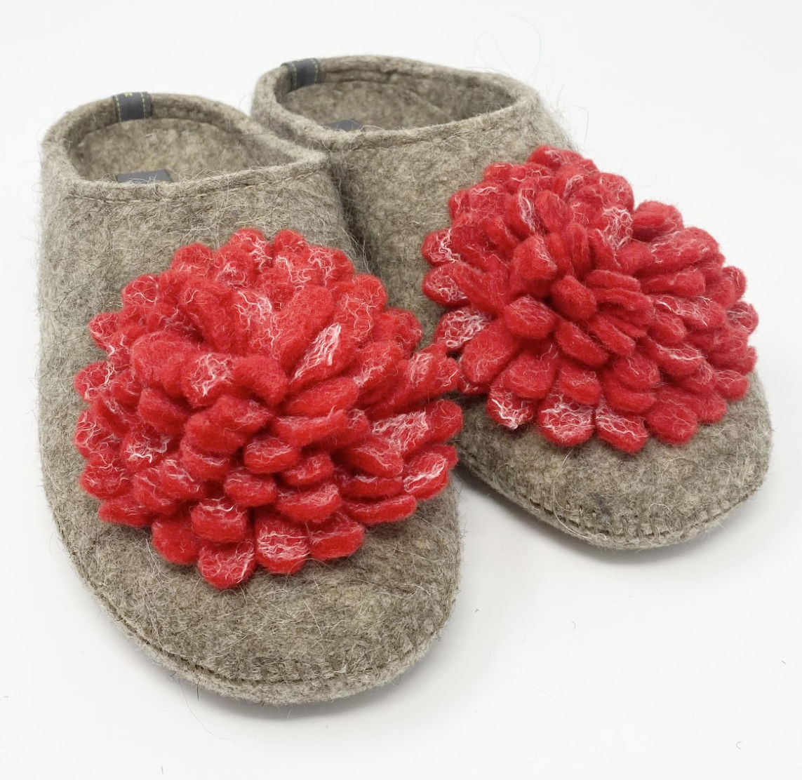100% Wool Slipper with Handmade Pom Red Flowers-Arch support