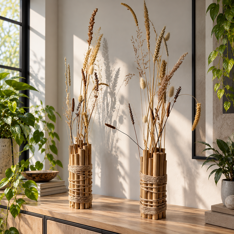 Thumbnail: Bamboe vaas met droogbloemen – handgemaakt | 22 cm