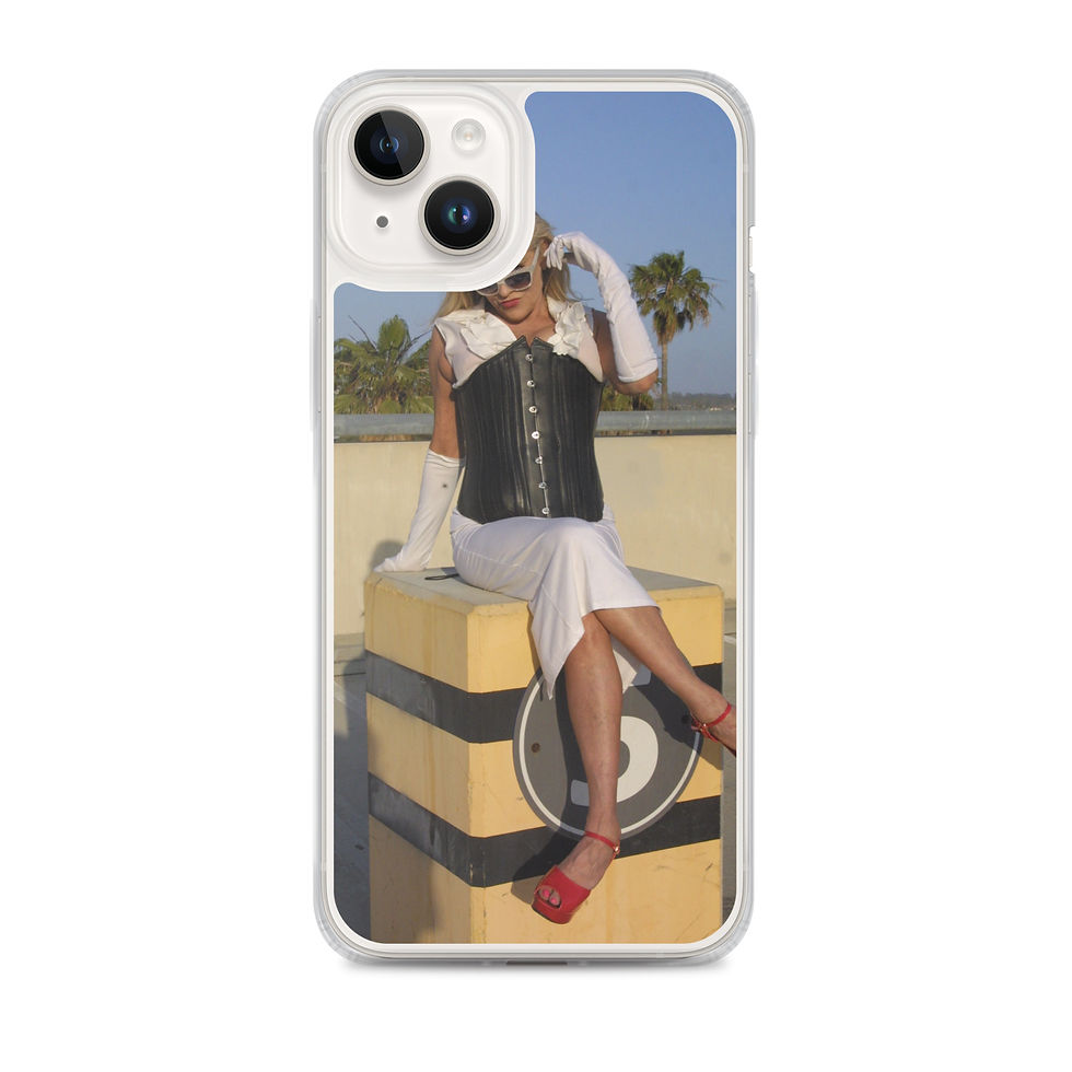 Thumbnail: Woman in black corset, white skirt, red shoes, yellow object, palm trees.