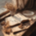 A vintage open journal on a wooden table with dried flowers and warm morning light, castin