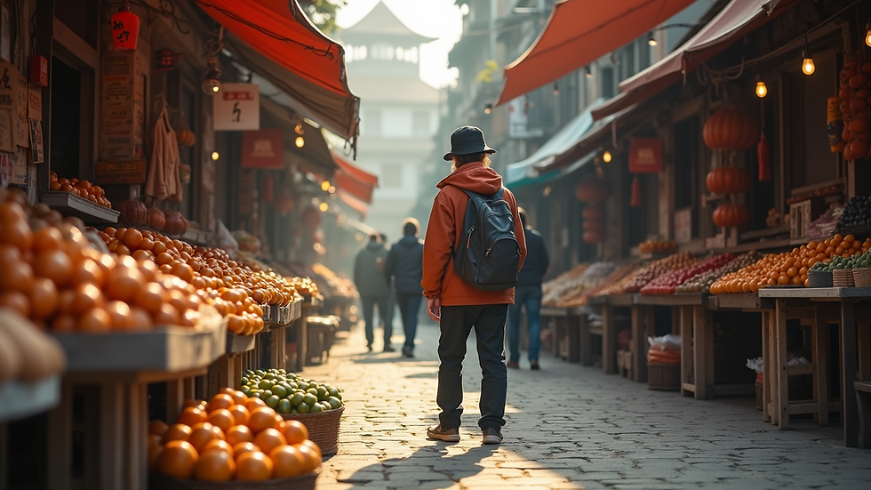 Eye-level view of a person exploring a vibrant local market