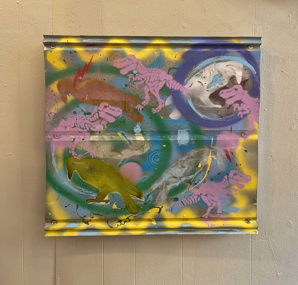 T Rex Returns Graffitti on barn tin roof $240 .jpeg