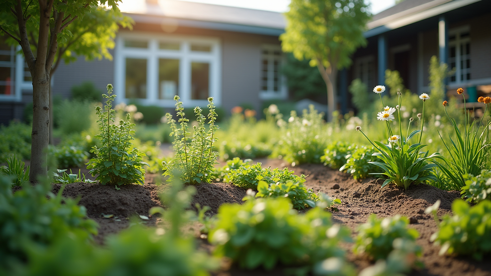 Wide angle view of a school garden with diverse plants