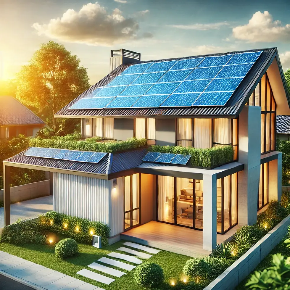 Modern house with solar panels on the roof, surrounded by lush greenery. Warm evening light creates a serene and eco-friendly ambiance.