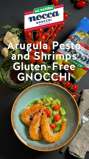 Gluten-free Gnocchi with Arugula Pesto, Roasted Tomatoes & Shrimp